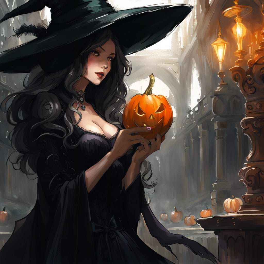 Intricate Witch Portrait in Library, Digital Painting