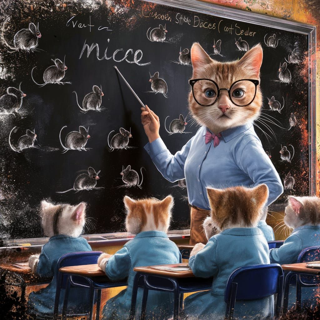 Cat Teacher in Classroom Splash Art Illustration