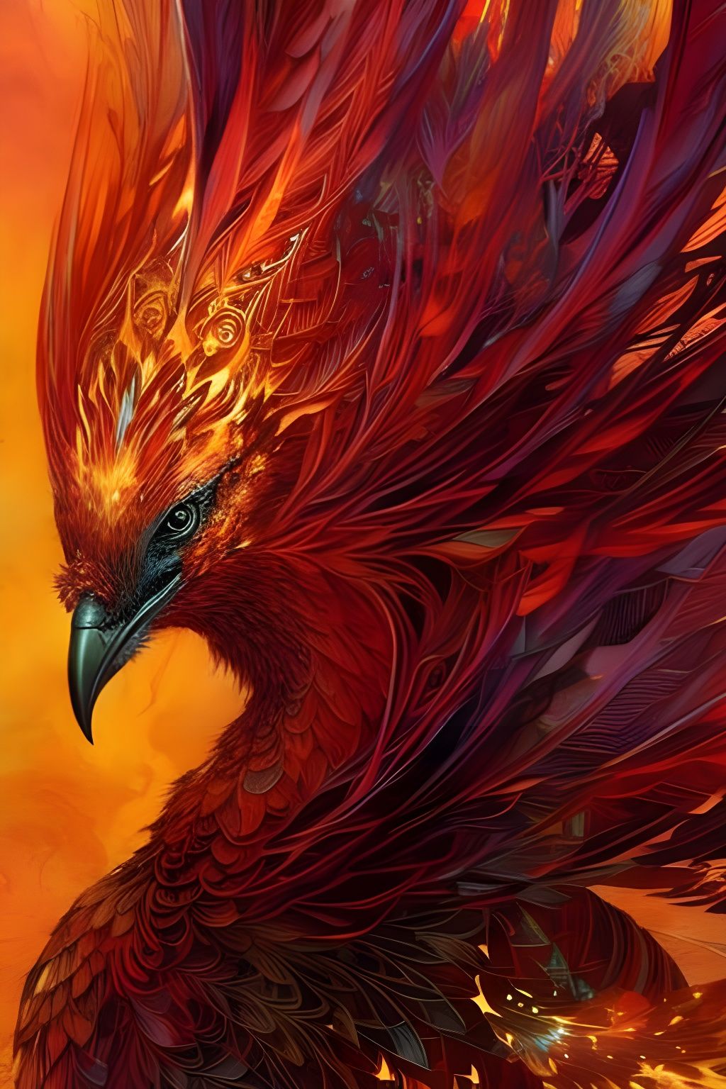 Detailed Phoenix Portrait with Golden Outlines