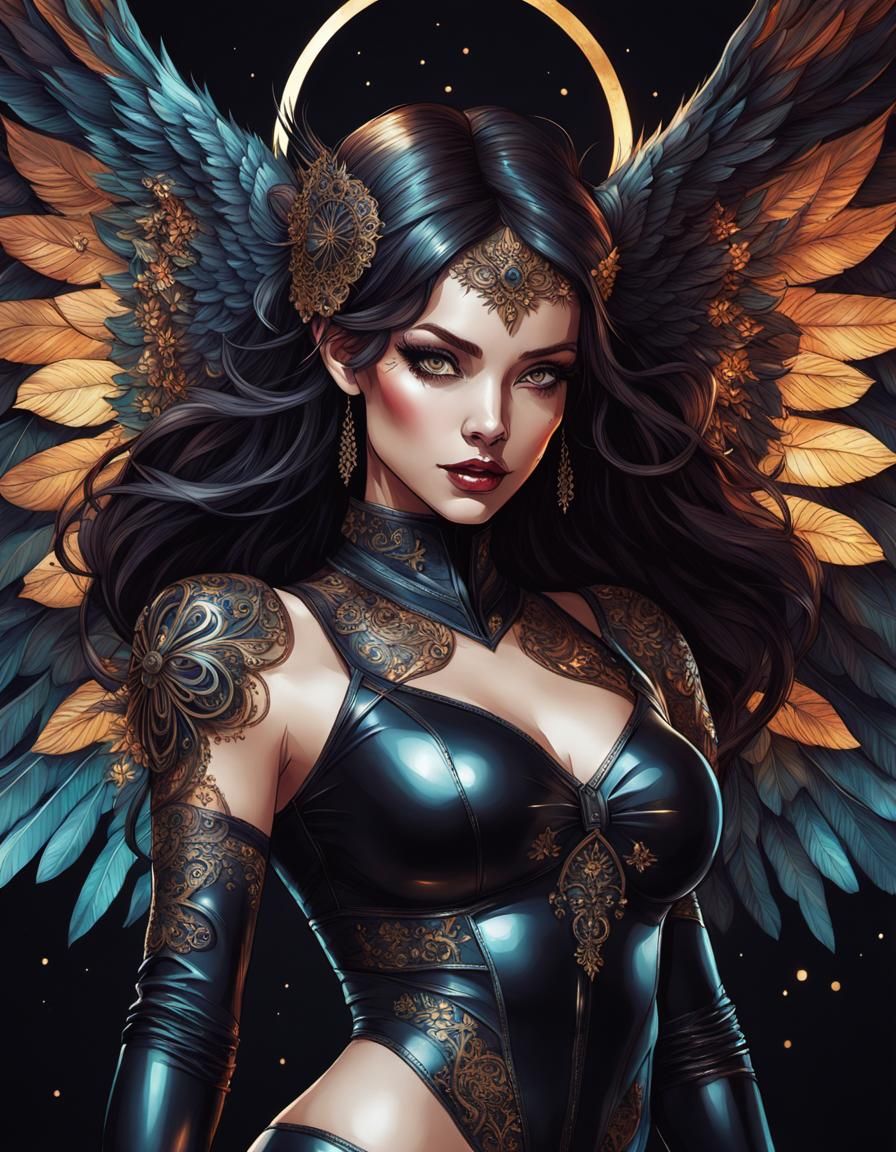 Beautiful Dark Angel in Latex: Digital Art Portrait