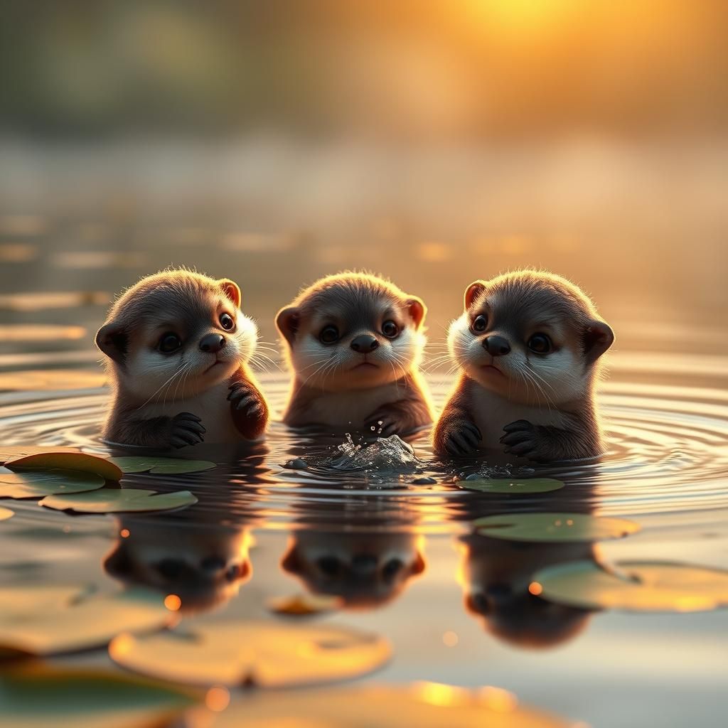 Baby Otters Frolicking at Sunrise: Digital Art