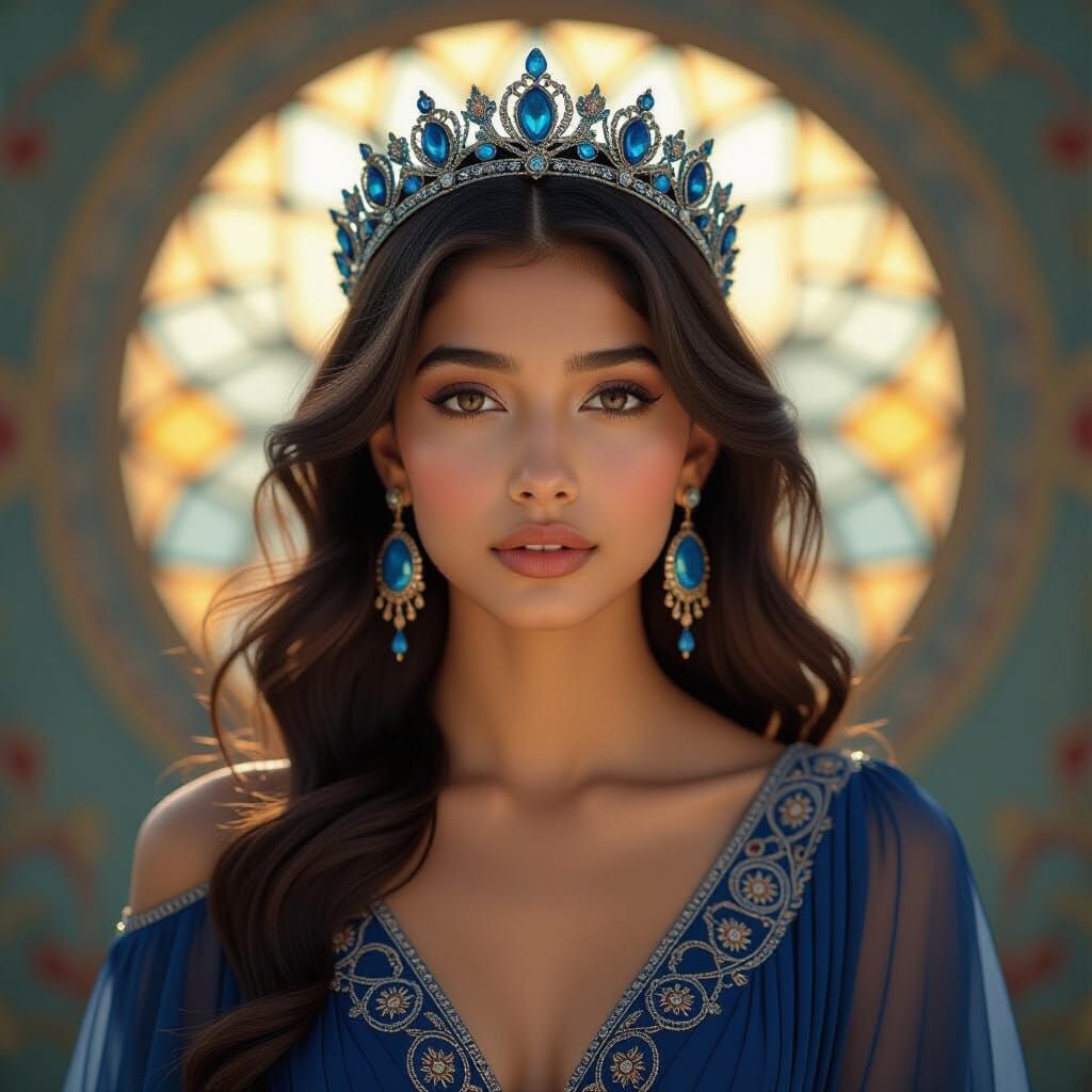 Indian Princess in Flowing Blue Gown with Crown