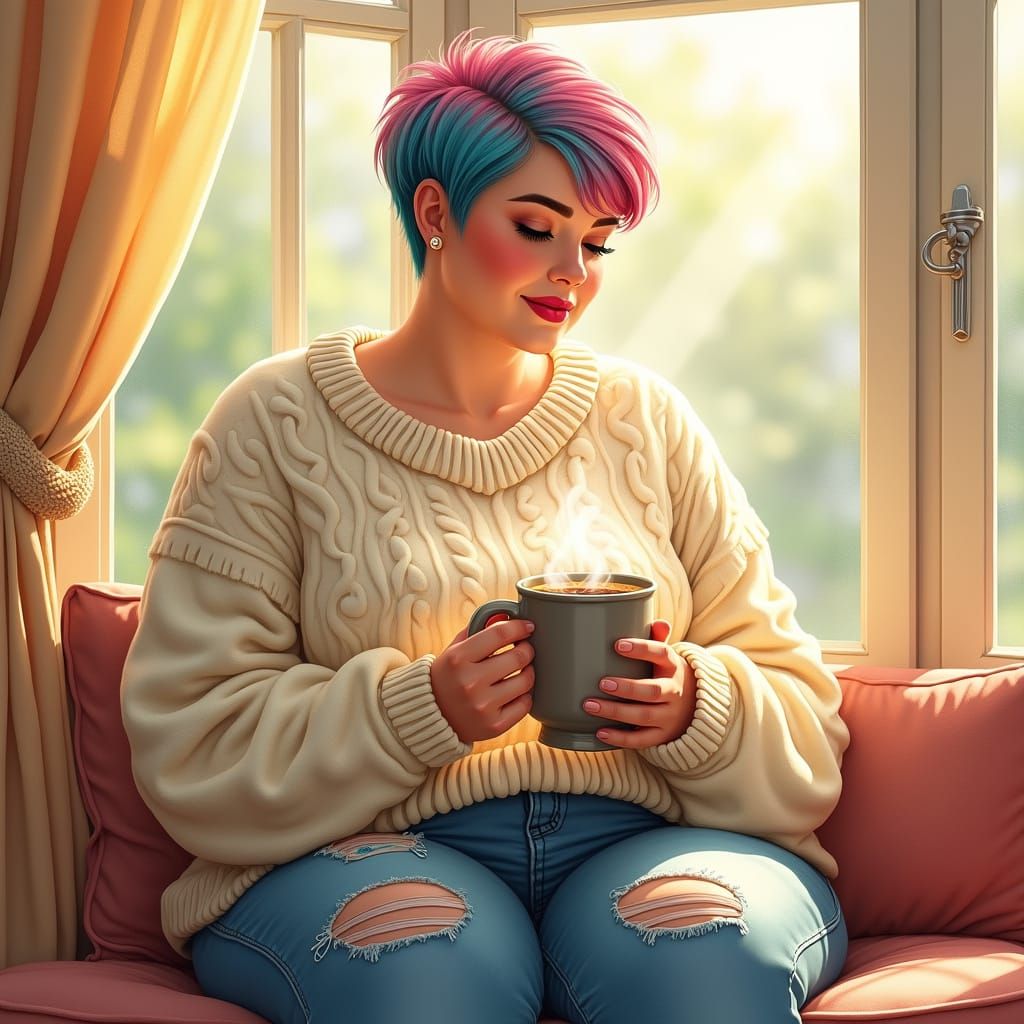 Cozy Morning Moment with a Woman in a Plush Bay Window