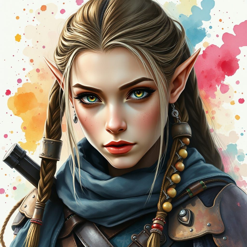 Elven Warrior Portrait in Watercolor Style