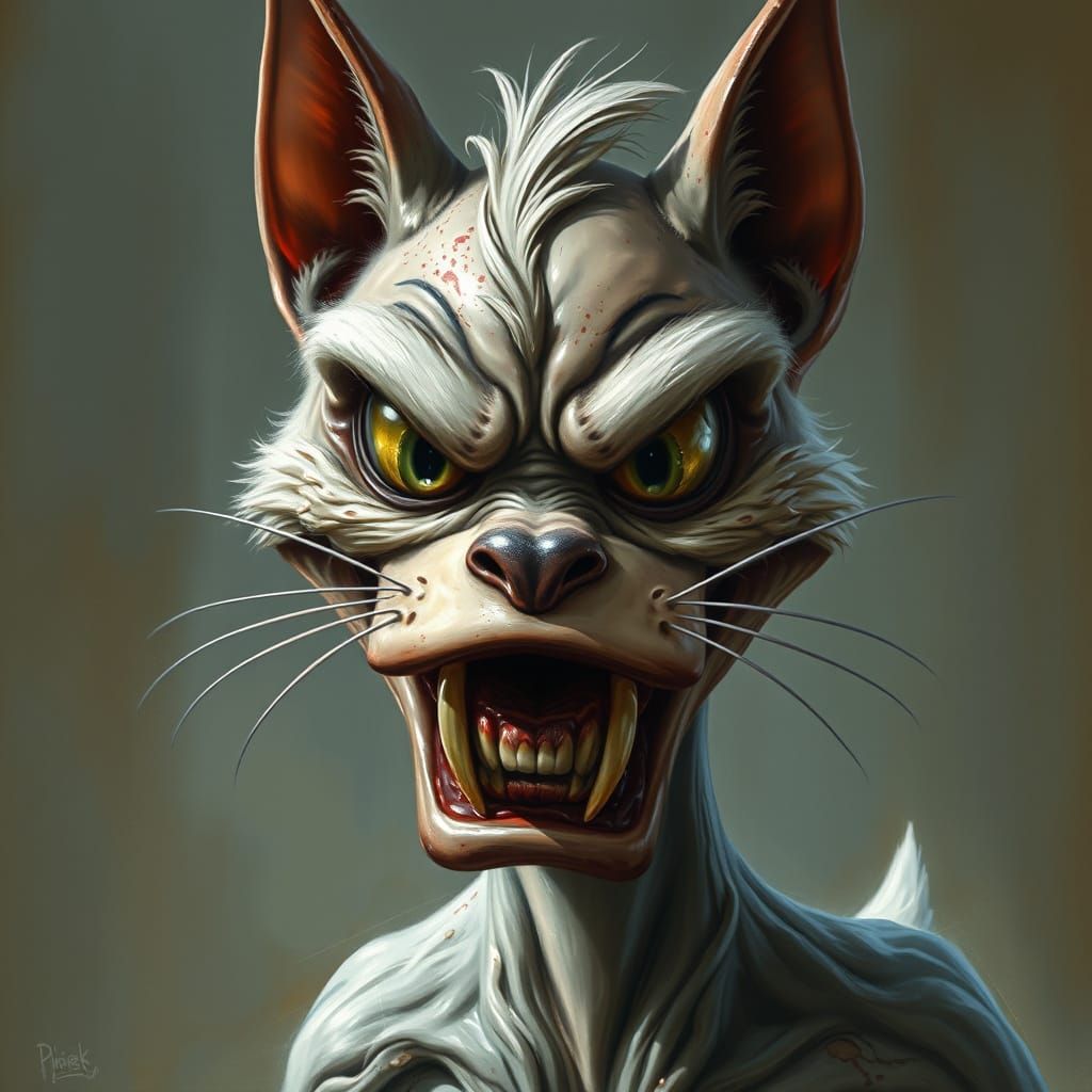 Donald Duck, evil cat demon, rotted skin, ugly nose, ugly ey...