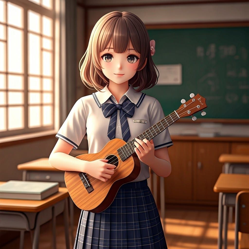 Girl with Ukulele in Classroom, Anime Style