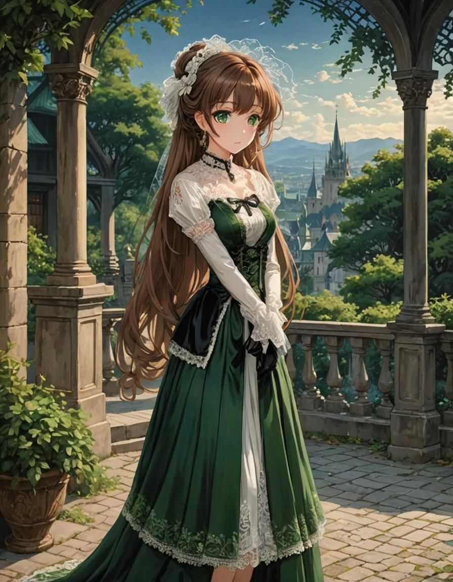 Anime Painting of a Lady in Green Dress