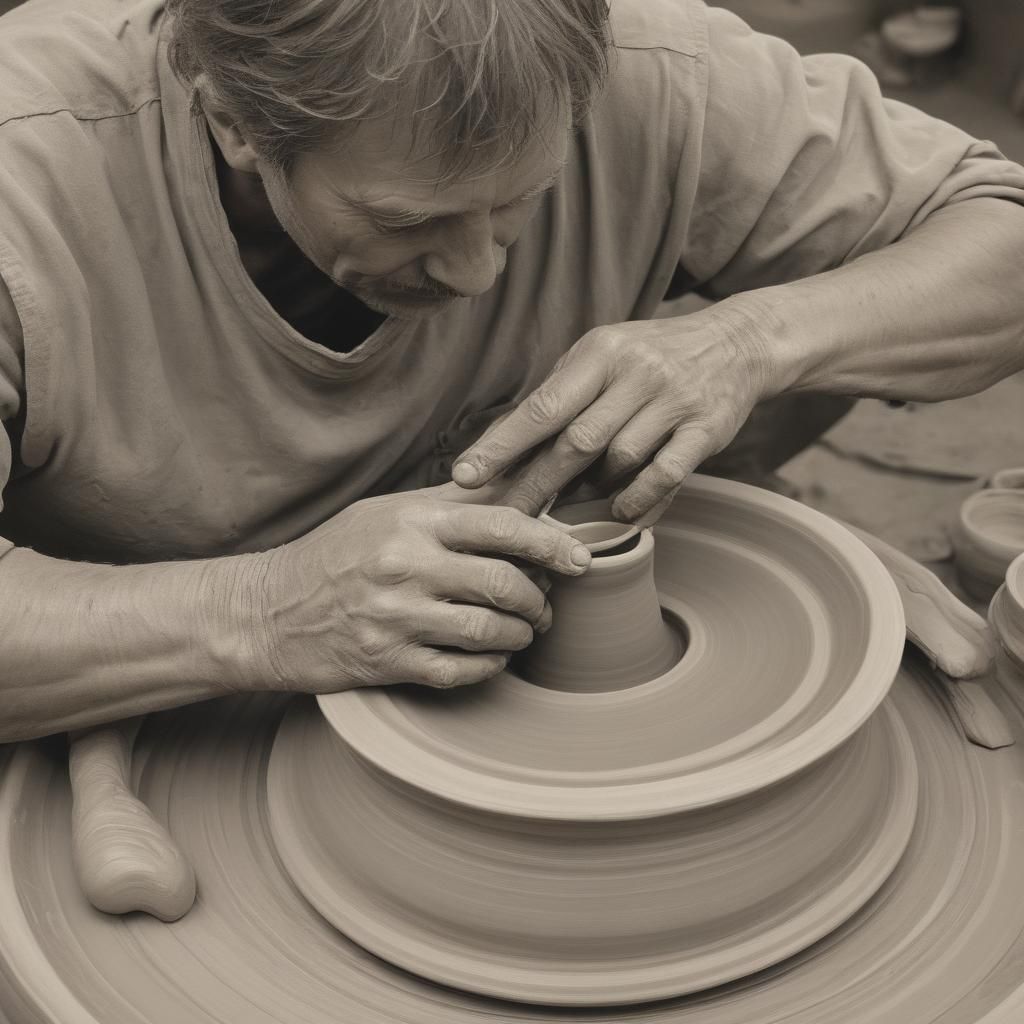 Biomorphic Art of Potter Shaping Clay on Wheel