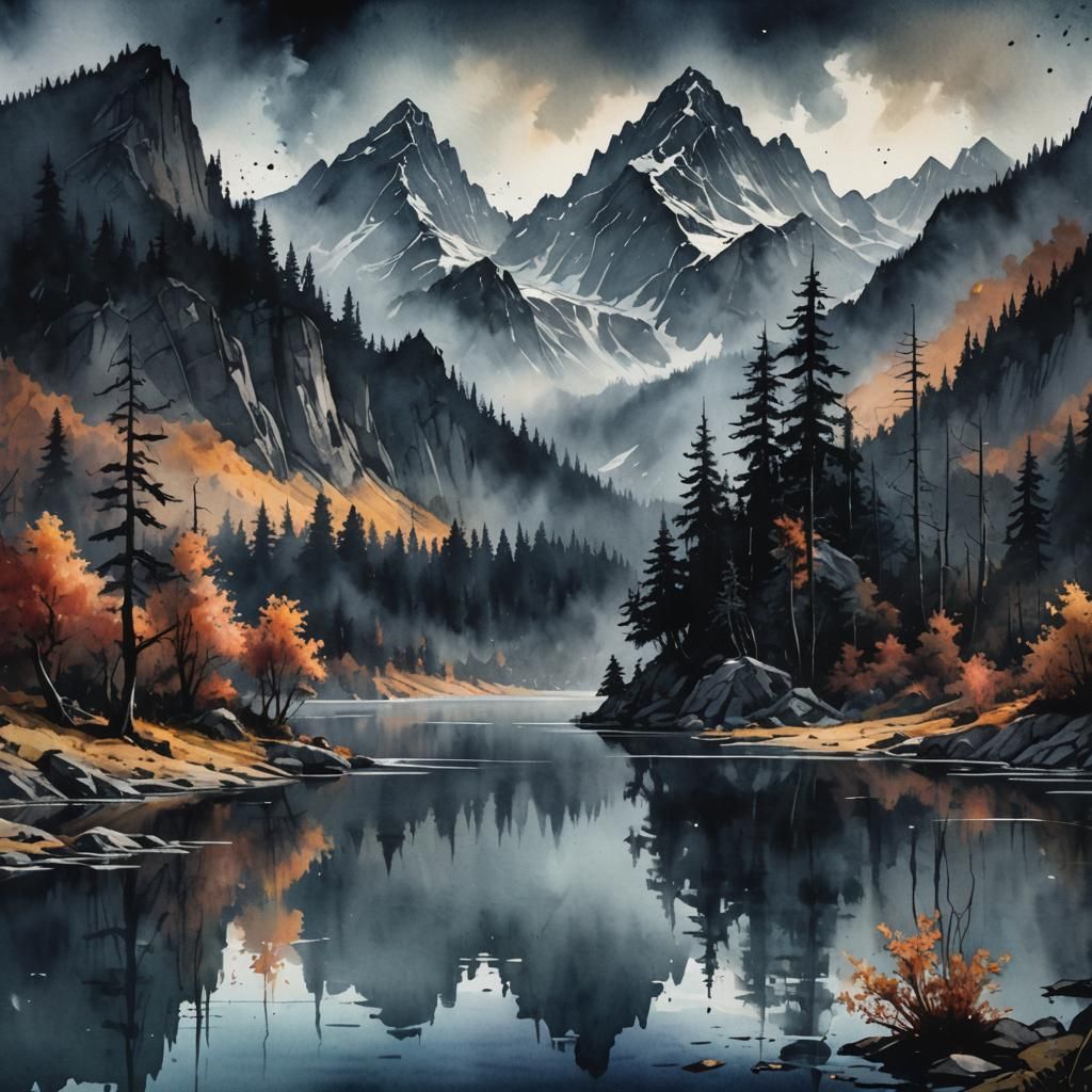 Dramatic Watercolor Mountains and Lake