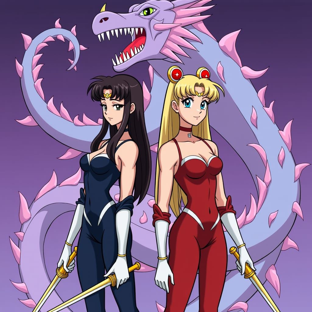 Anime Women Warriors with Dragon on Purple Background