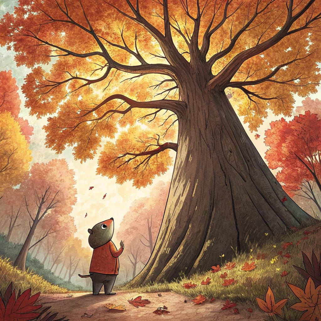 Mole Adventurer Gazes Up at Gigantic Autumn Tree