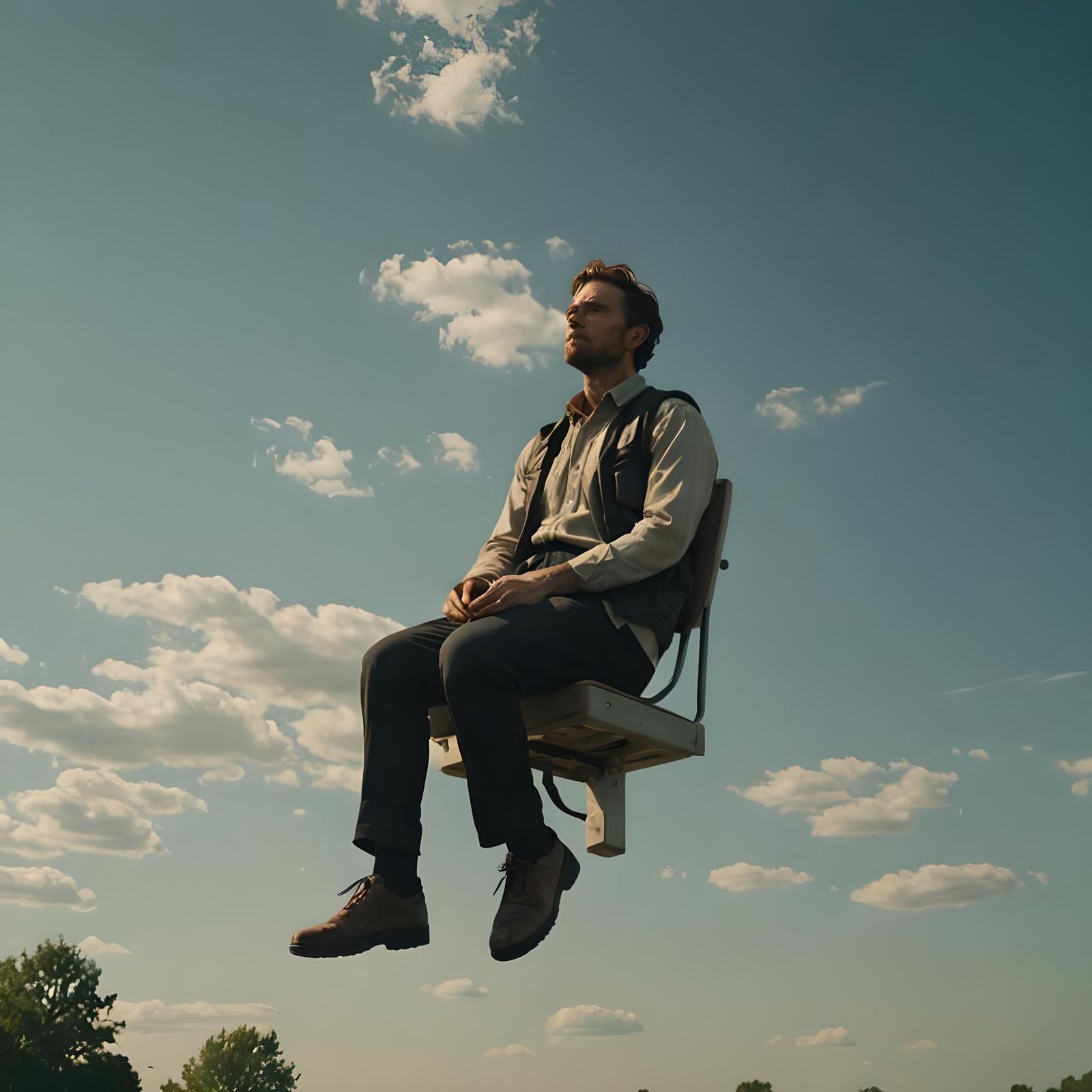 Man in Thinking Pose Levitating, Cinematic Still