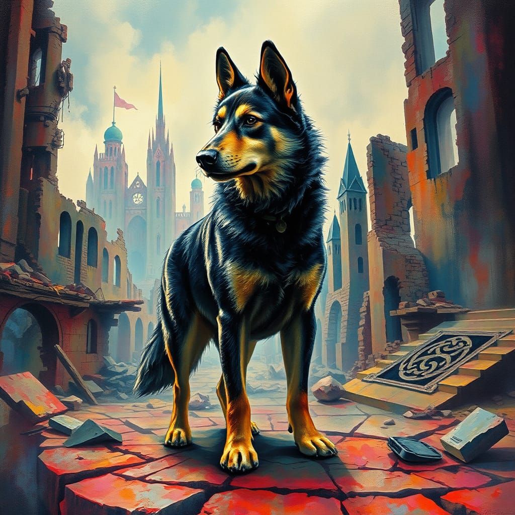 Lundehund in Dystopian Cityscape: Trompe L'Oeil Watercolor