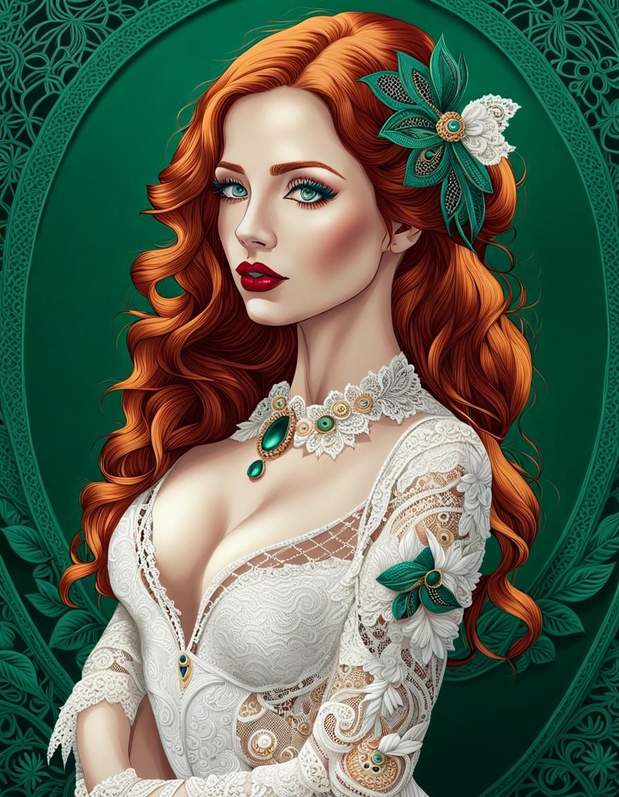 (((Beautiful redhead woman dressed in white lace ))) shows whole body. Big blue open eyes, And light red lips. in 1/3 si...