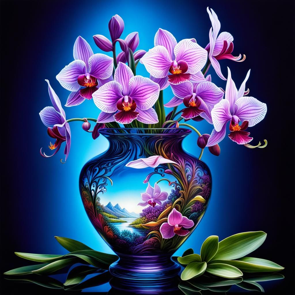 Orchid Vase Double Exposure: Multi-Layered Pen Line Art