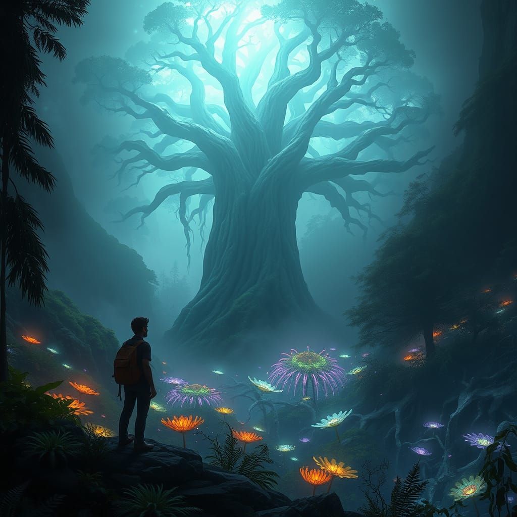 Bioluminescent Tree in Ancient Forest: Digital Concept Art