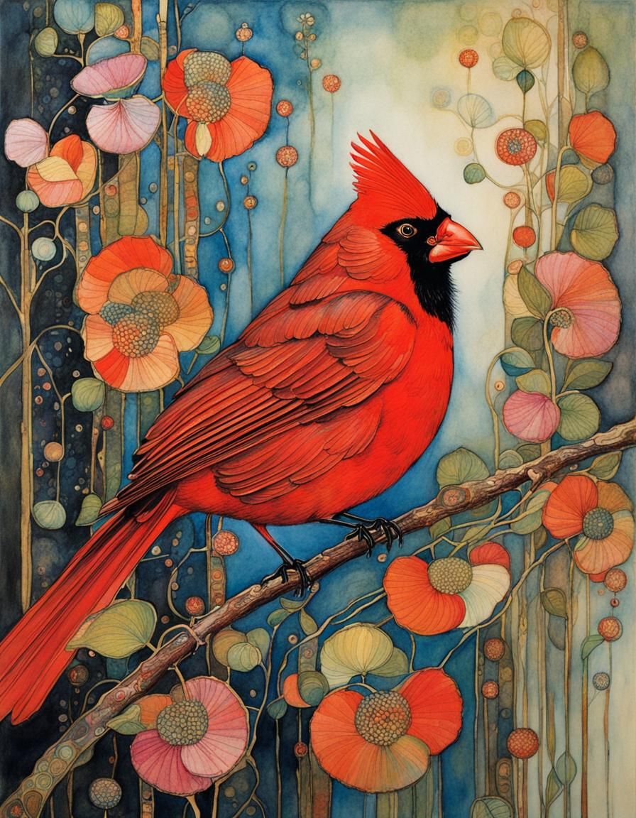 Cardinal Bird Art Nouveau Watercolor Painting