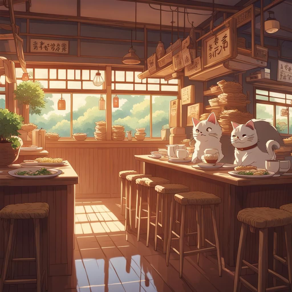 Cute Ramen Cat Restaurant in Anime Style