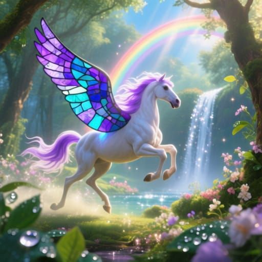 Pegasus with Stained Glass Wings in Enchanted Forest