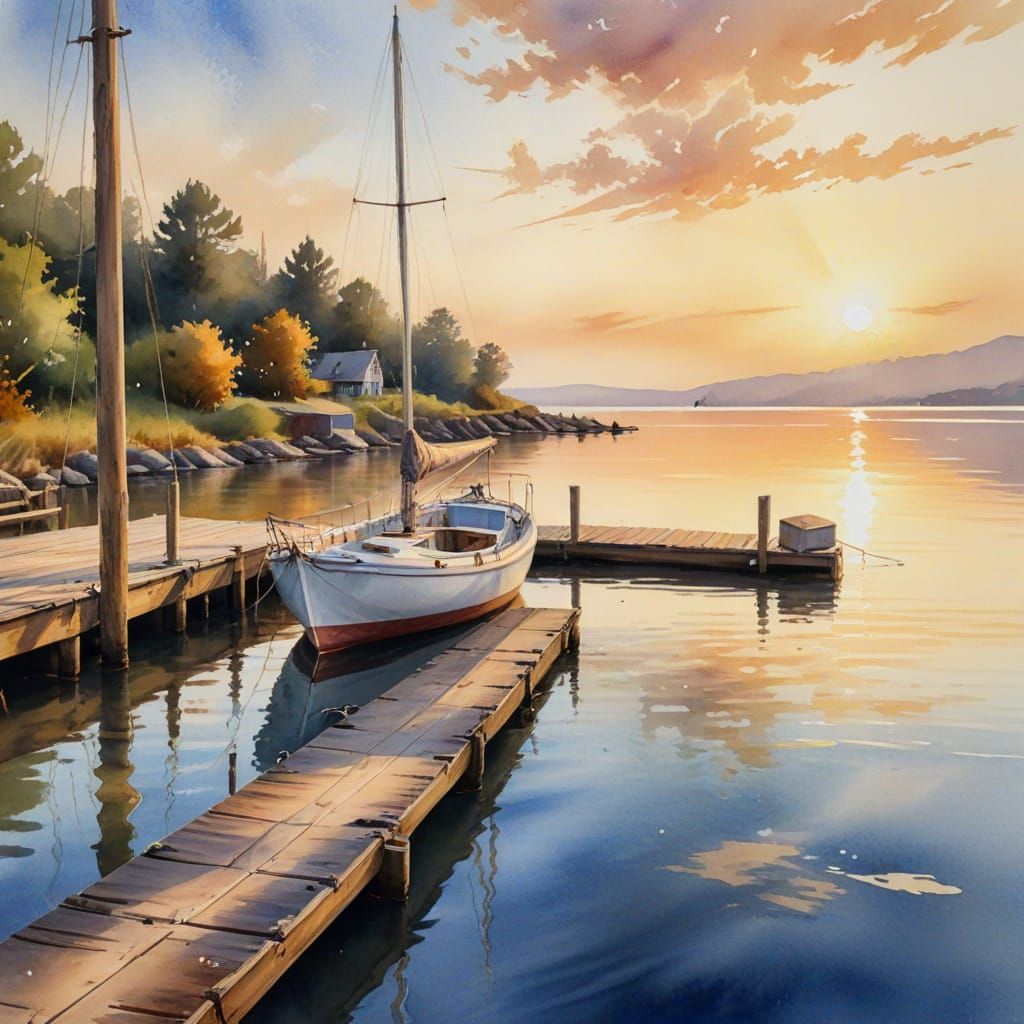 Sailboat by Dock in Golden Hour Watercolor