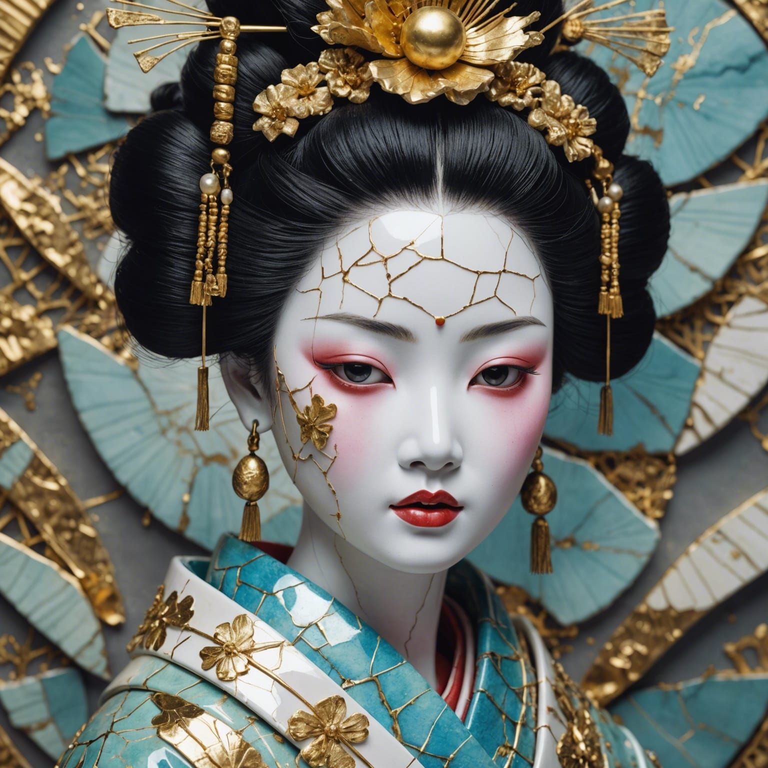 Kintsugi Geisha Portrait in Watercolor Style