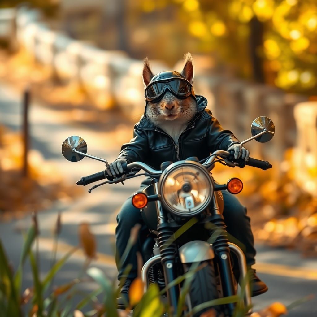 Squirrel Biker on Motorcycle in Autumn Landscape