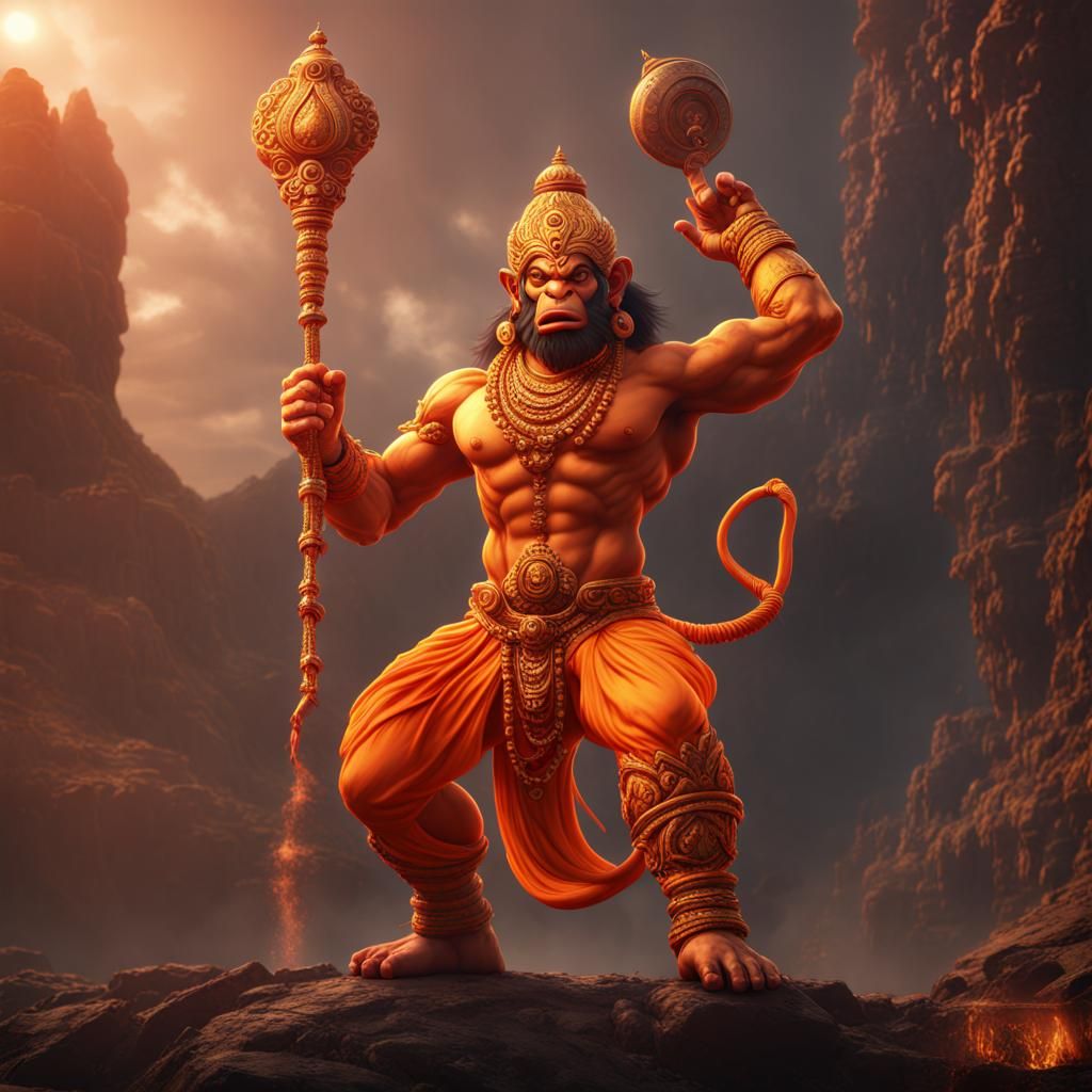Aggressive Orange Hanuman: Detailed Matte Painting