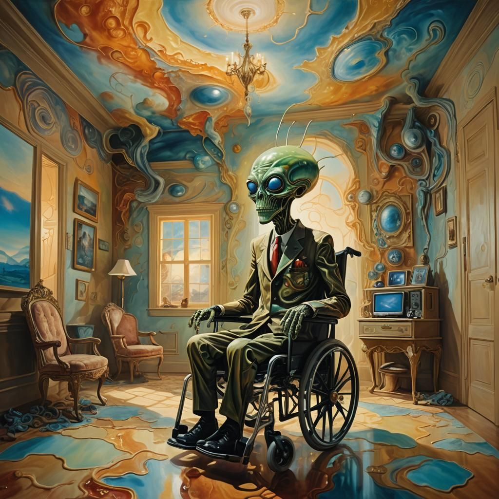 Presidential Alien in Resting Home: Surreal Oil Painting