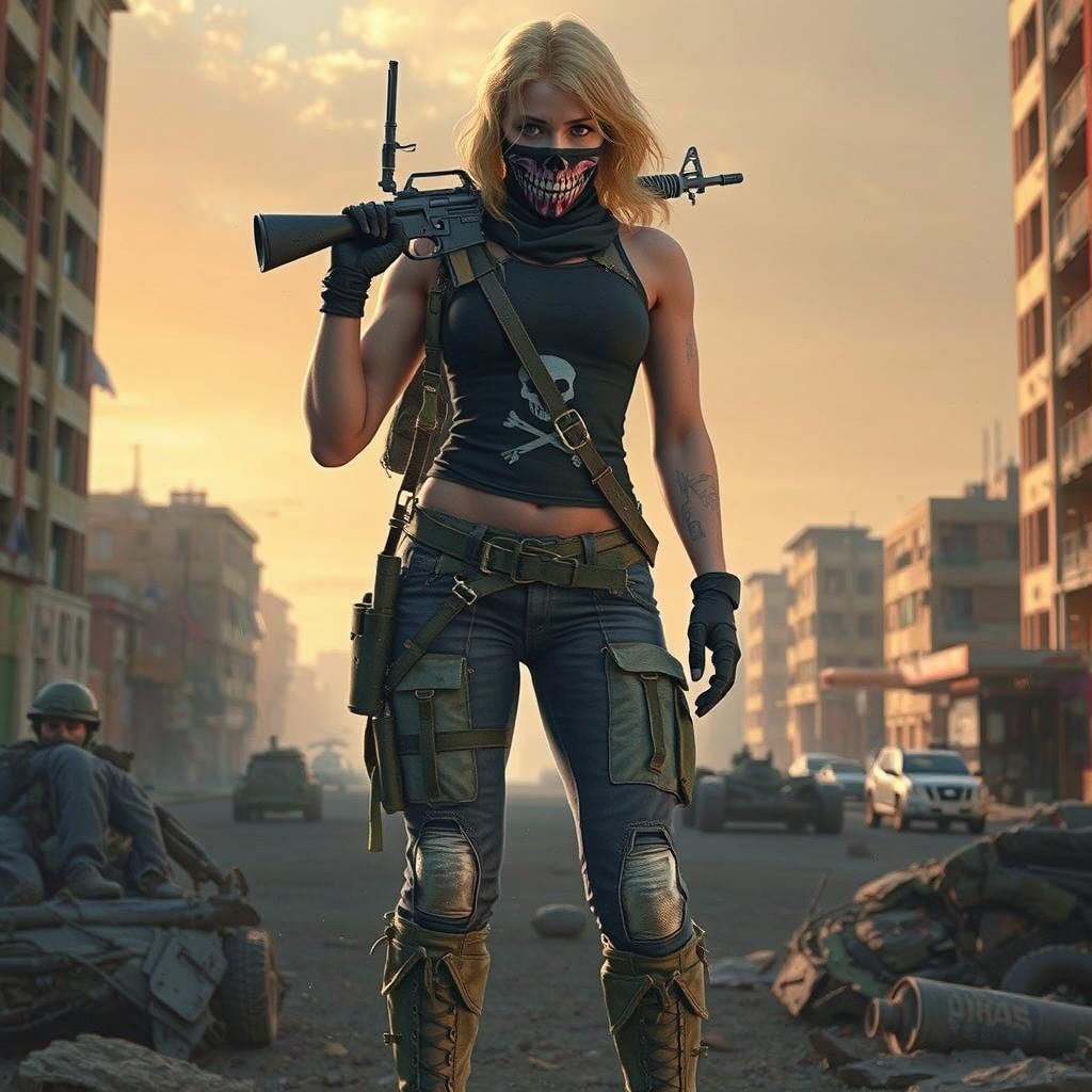 Gritty Blonde Freedom Fighter in War-Torn City