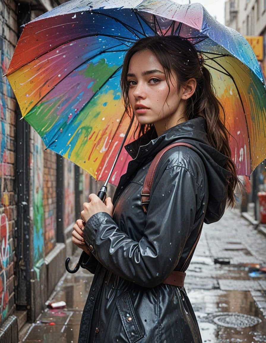 Graffiti Art of Girl with Umbrella Under Soft Light