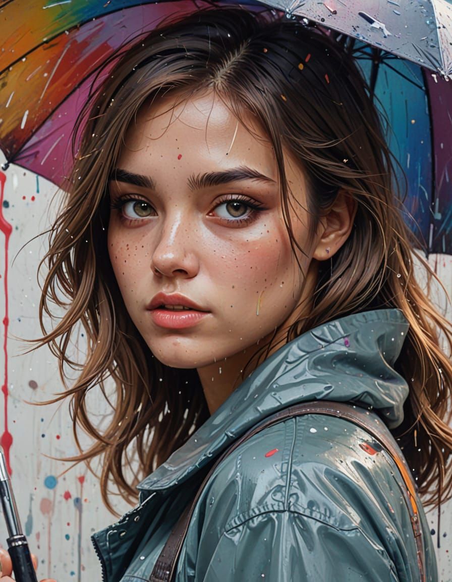 Cute Girl With Umbrella Graffiti Art Portrait
