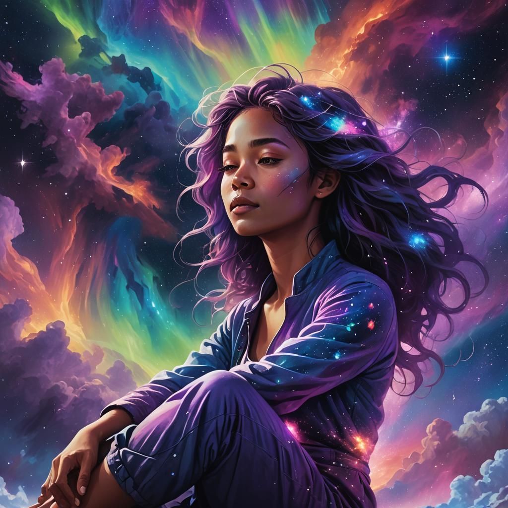 Woman Meditating on Nebula in Hyperrealistic Style