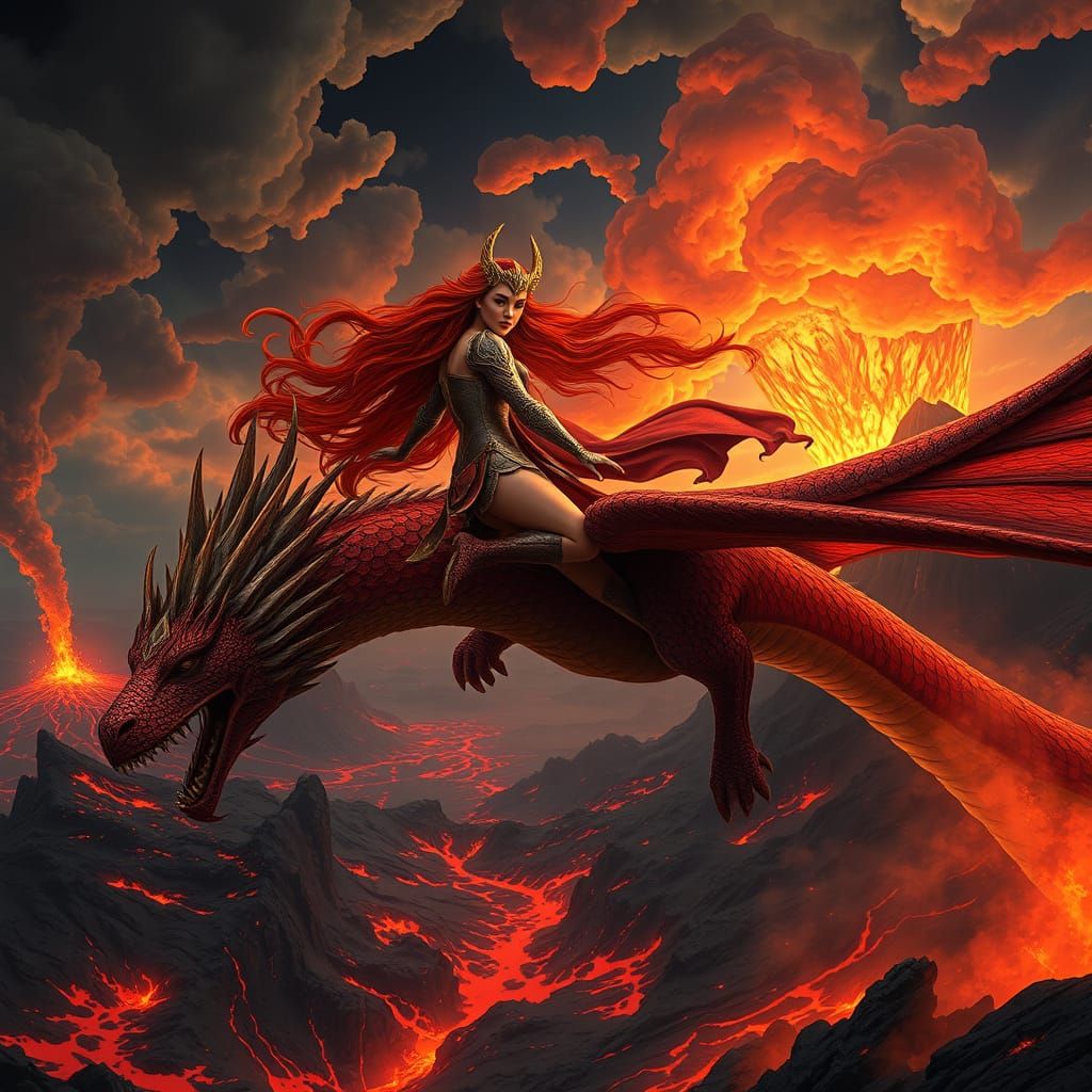 Valkyrie Soaring Through Volcanic Landscape, Detailed Digita...