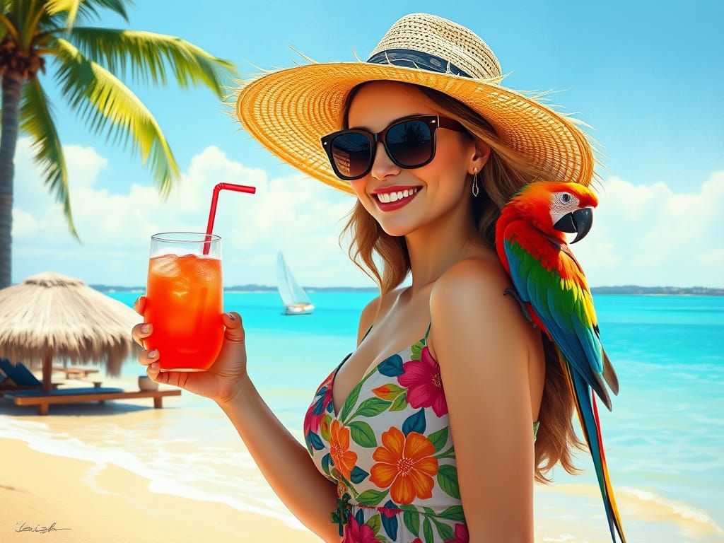 Woman with Parrot on Tropical Beach, Impressionistic Style