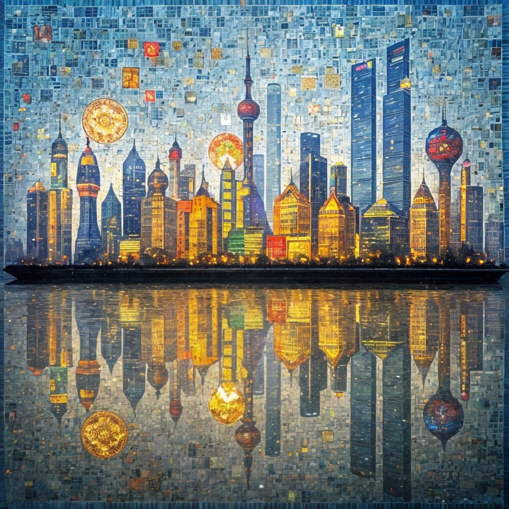 Shanghai Skyline in Mosaic Patchwork Style