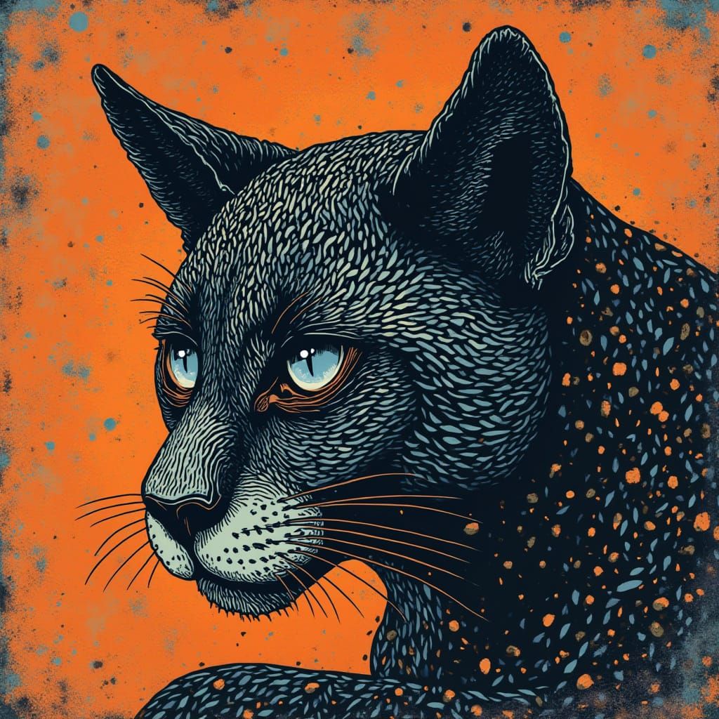 Stylized Feline Block Print in Muted Colors