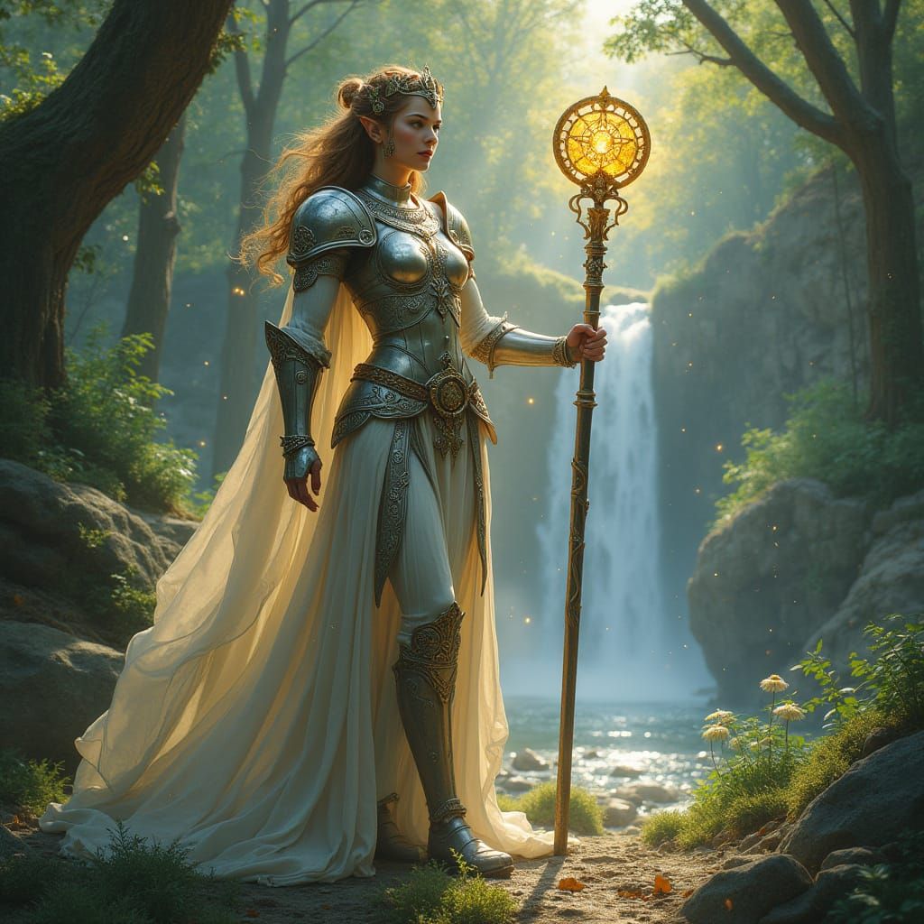 Elven Warrior in Forest Clearing, Art Nouveau Style