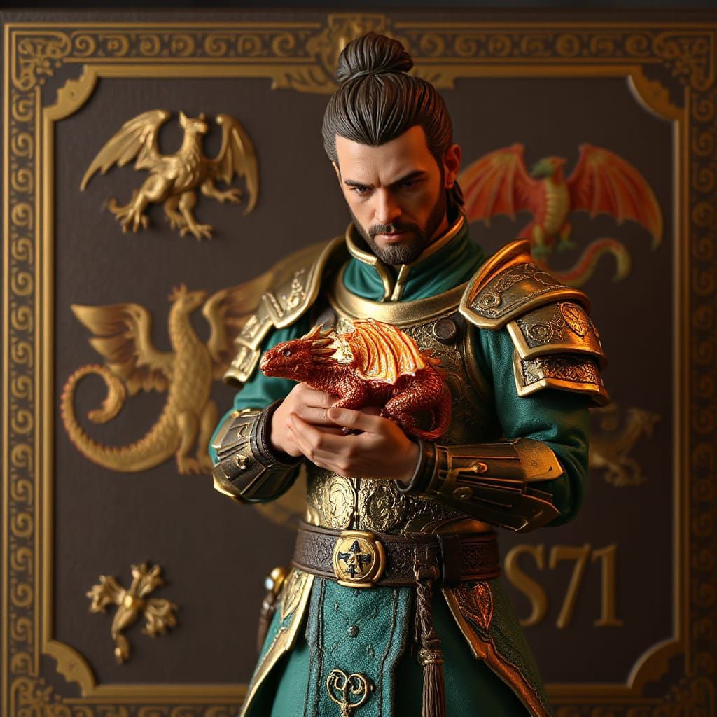 Heroic Fantasy Beast Tamer in Golden Armor with Miniature Dr...