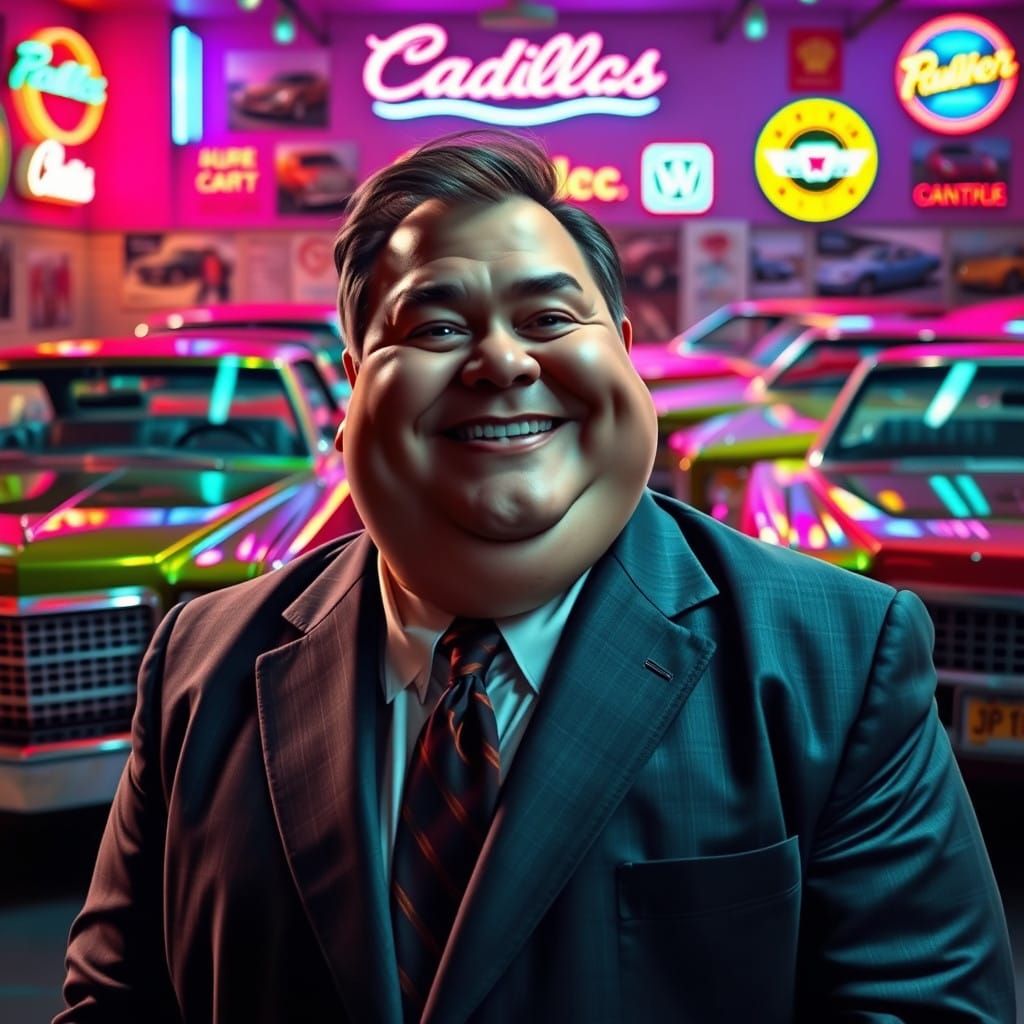 Retro Car Salesman in Vibrant 1970s Setting