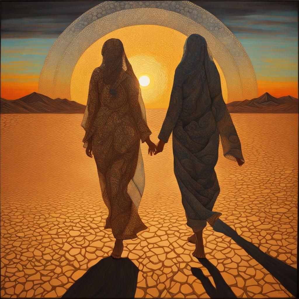 Desert Sunset: Middle Eastern Women in Oil Painting