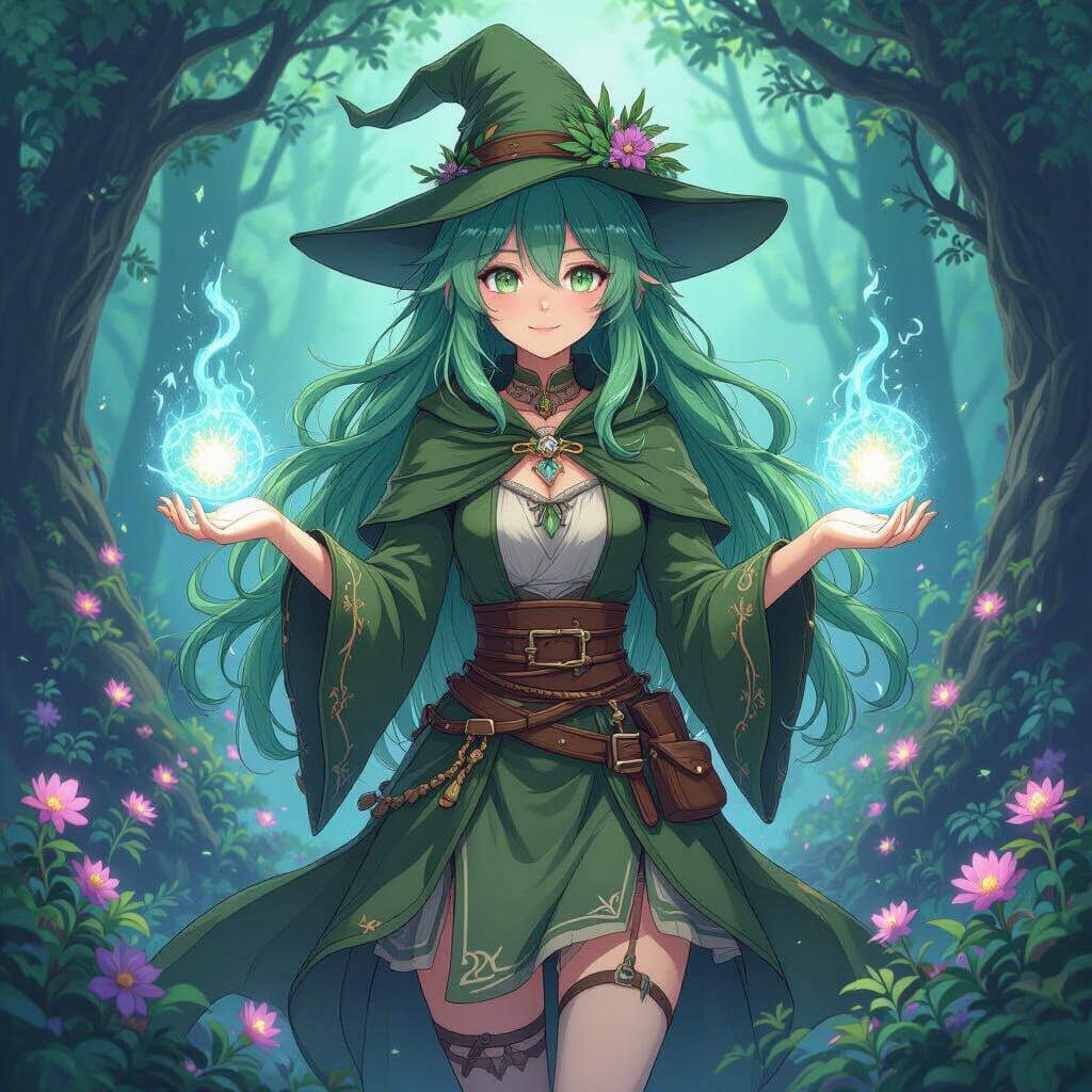 Morwen Willowmoss: Green-Haired Witch Healer in Anime Style