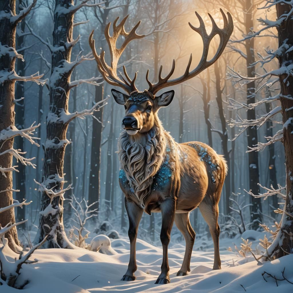 Majestic Reindeer in Winter Forest: Fantasy Illustration
