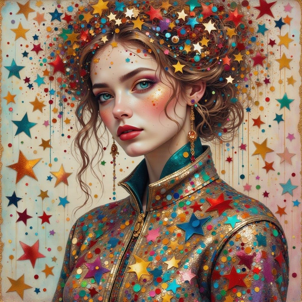 Woman in Sequined Jacket with Torn Paper Elements