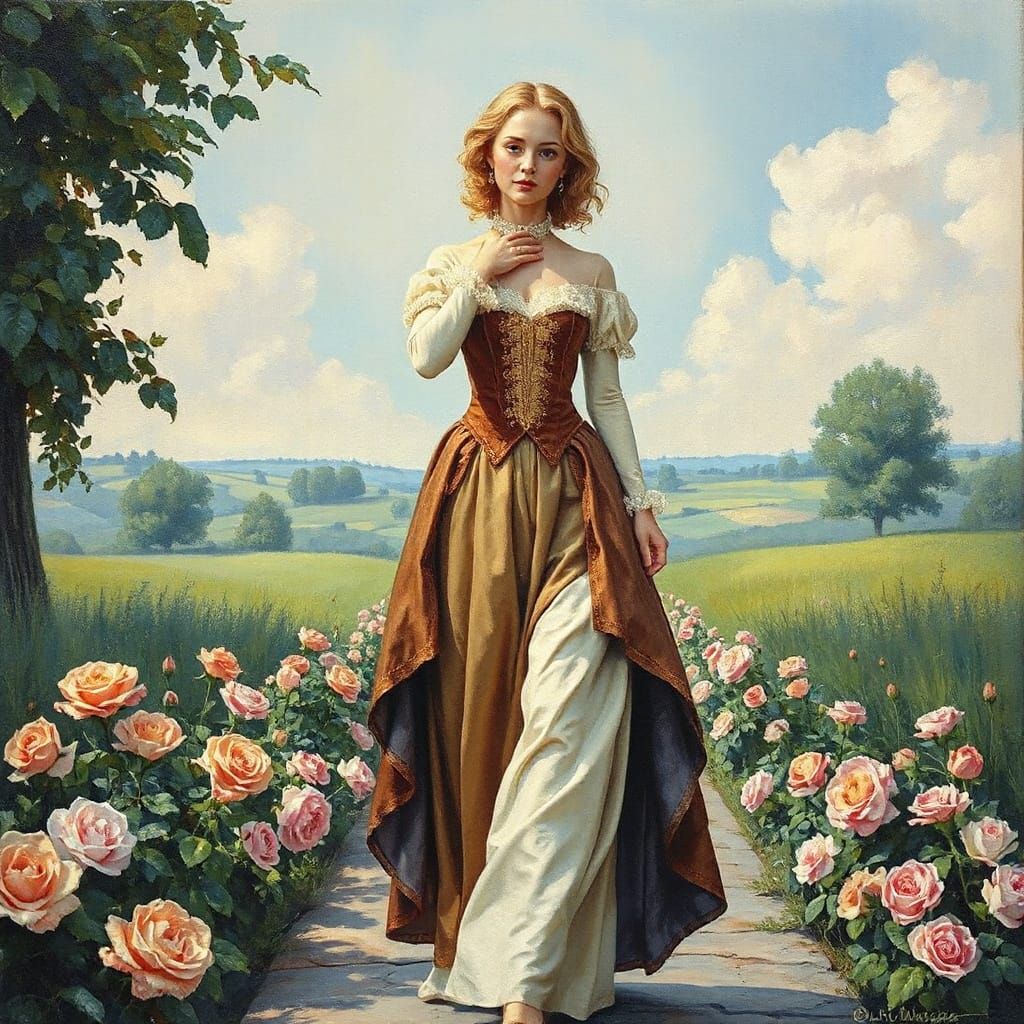 18th Century Fashionista in Dreamy Watercolor Landscape