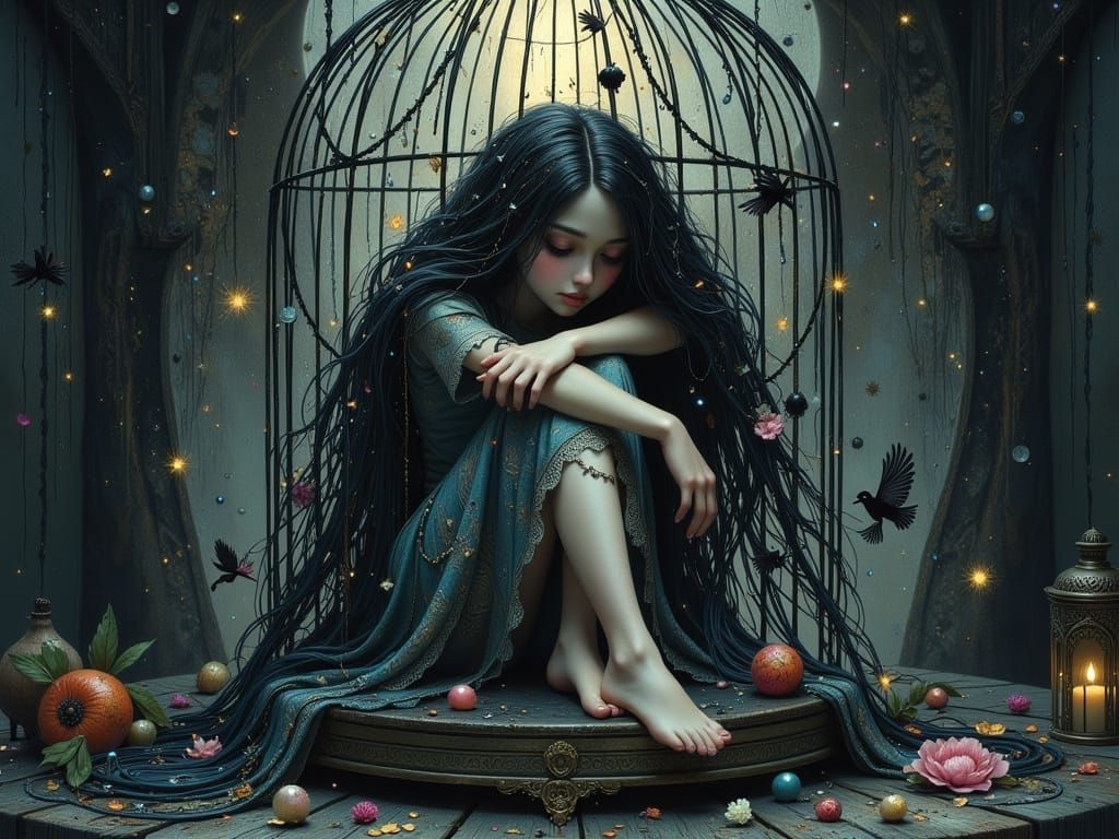 Sad Girl in Bird Cage, Beautiful Illustration