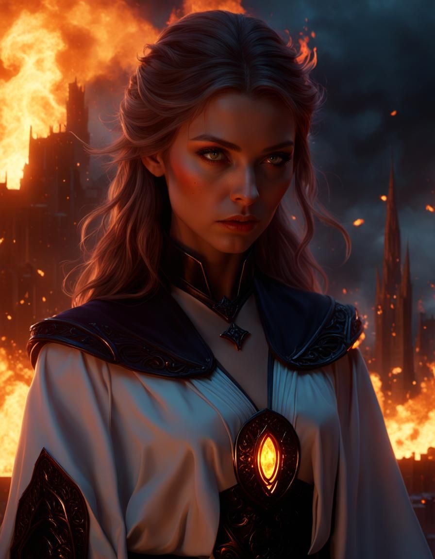 Sorceress Stands Before Burning City in Dark Fantasy Art