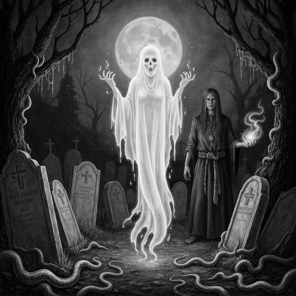 Shaman Conjures Ghost Amidst Moonlit Tombstones