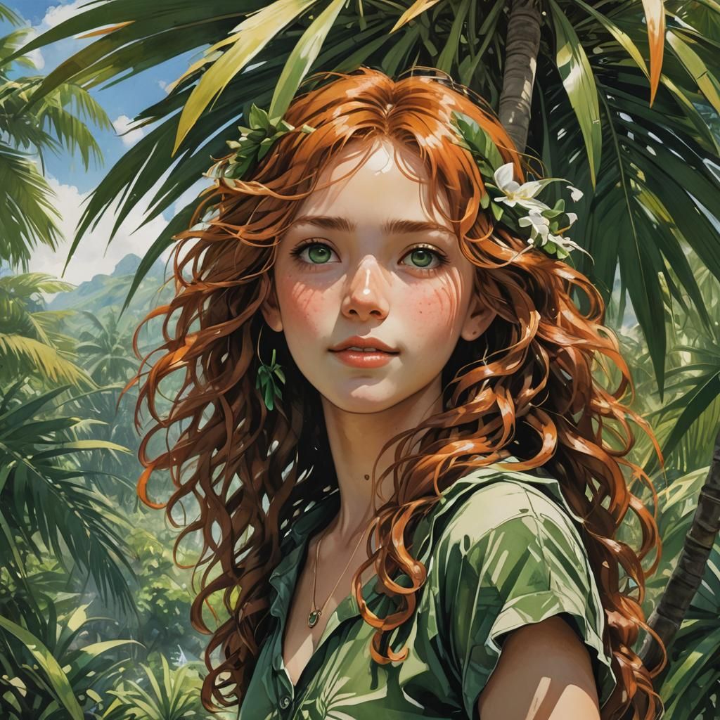 Smiling Girl with Orange Hair in Watercolor Style