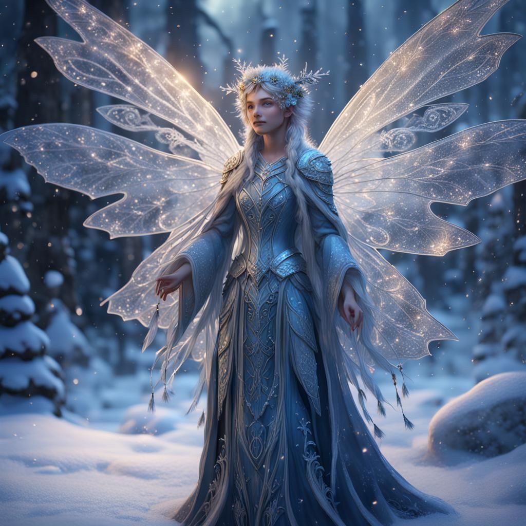 Snowflake-Winged Winter Fairy in Detailed Matte Painting