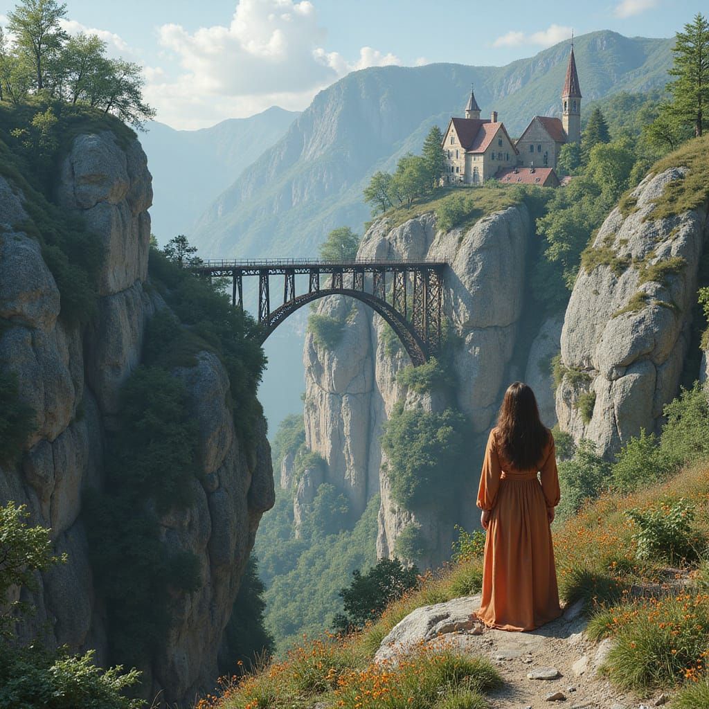 Village in Crater with Steel Bridges and Admiring Woman